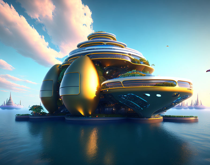 Futuristic golden cityscape with water and bright sky