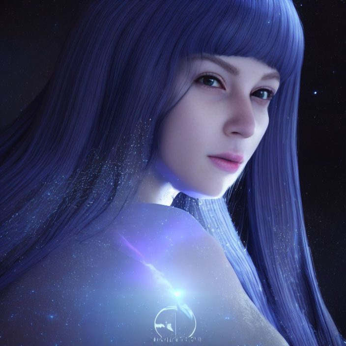 Blue-haired female in cosmic dress with stars and nebulae.