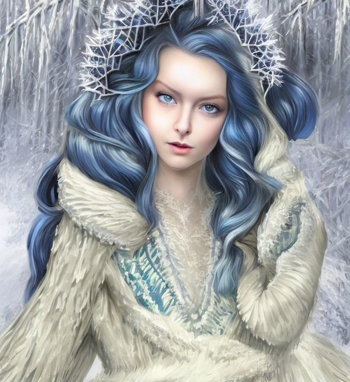 Fantasy illustration of woman with blue hair and icy blue eyes in white fur coat and frosty crown