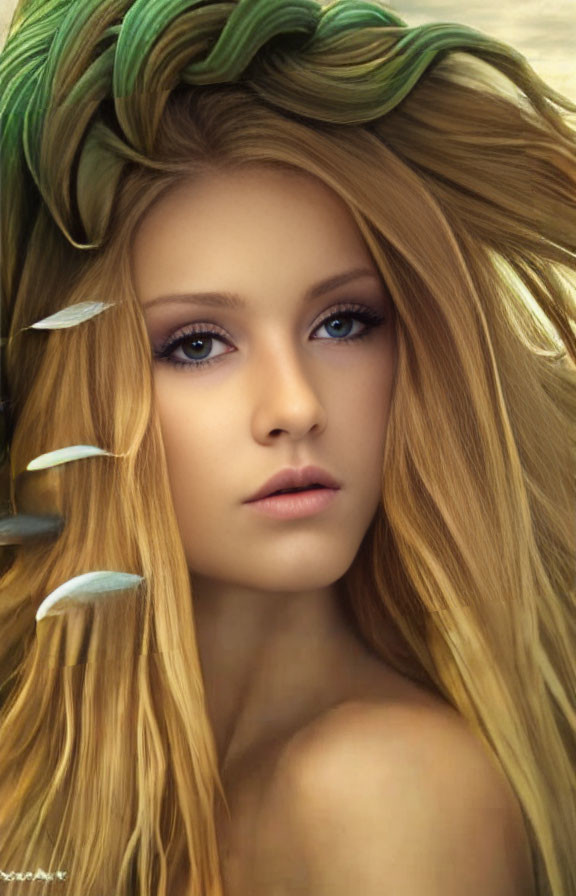 Digital Art: Woman with Blonde Hair and Green Leaves