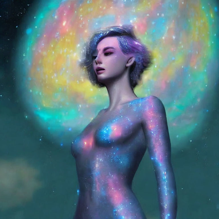 Cosmic-themed digital artwork of a woman against starry nebula background