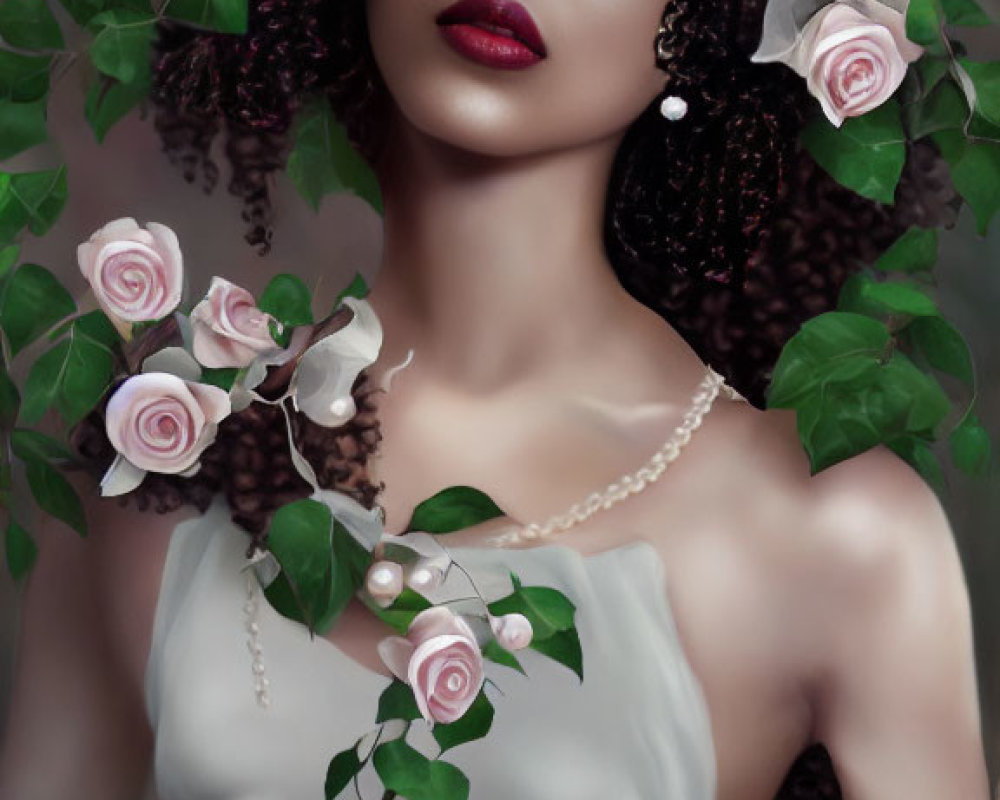 Curly Haired Woman with Floral Adornments in Botanical Setting