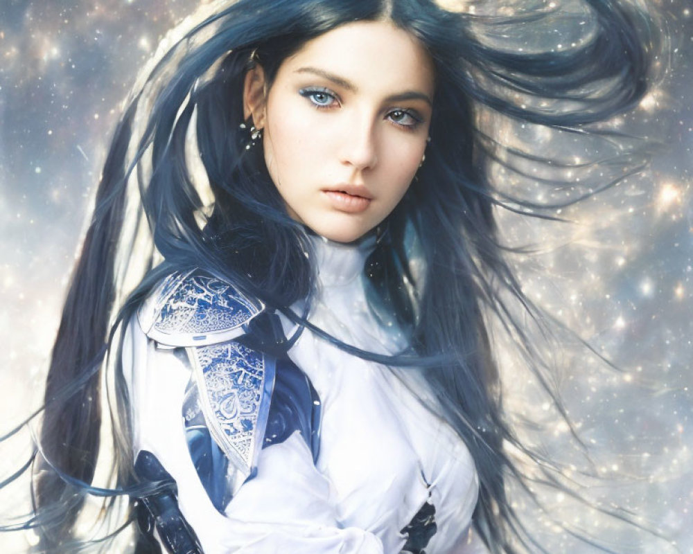 Fantastical portrait of woman with blue eyes and dark hair in white and blue armor costume