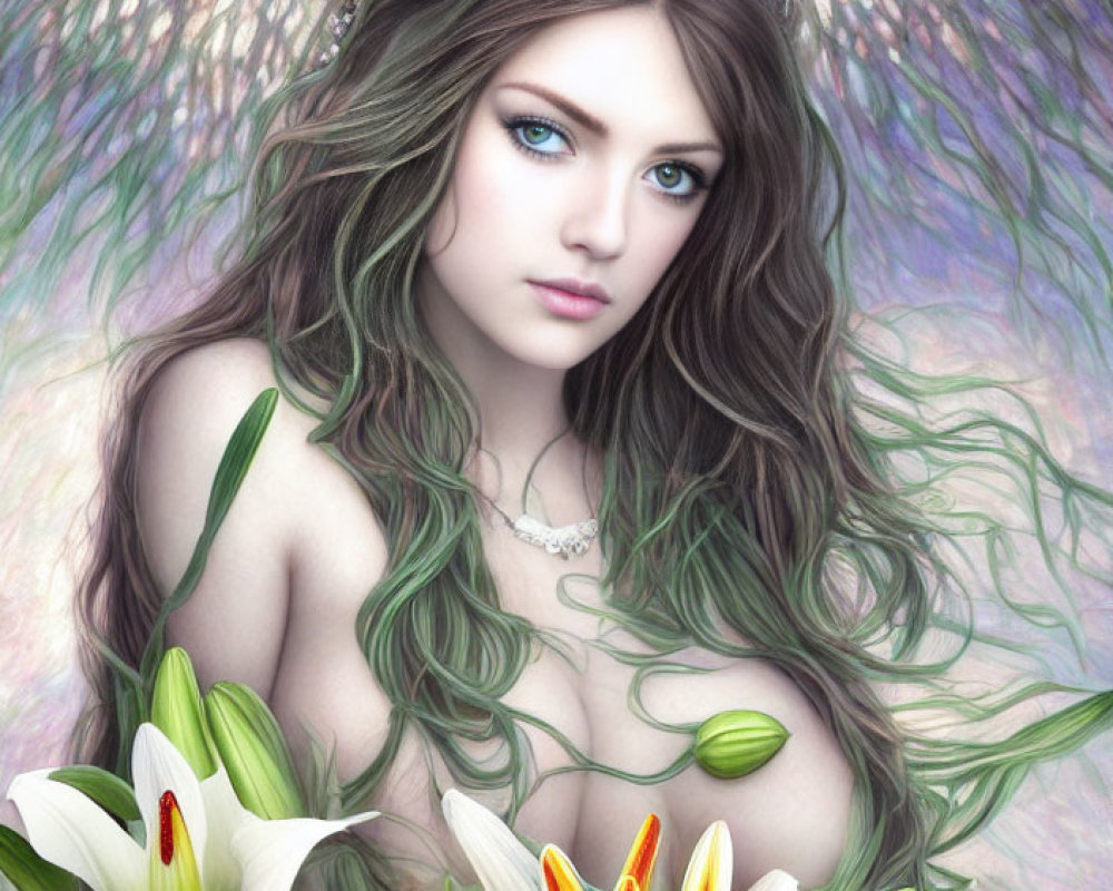 Digital Artwork: Mystical Woman with Long Wavy Hair and White Lilies