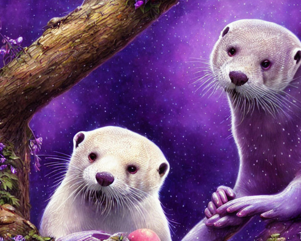 Two otters in celestial purple background with tree and apples.