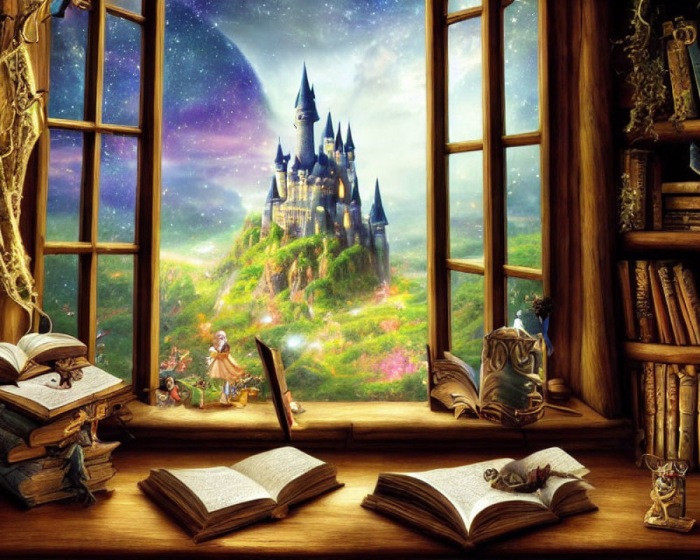 Wooden desk with open books, quill, and candles overlooking fantasy landscape with castle under starry