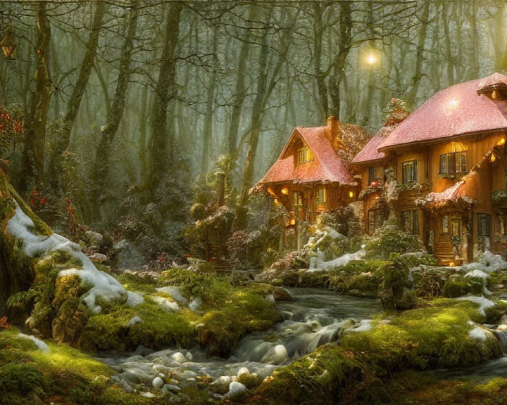 Enchanted forest scene with idyllic cottage, snow patches, sunbeams, and glowing