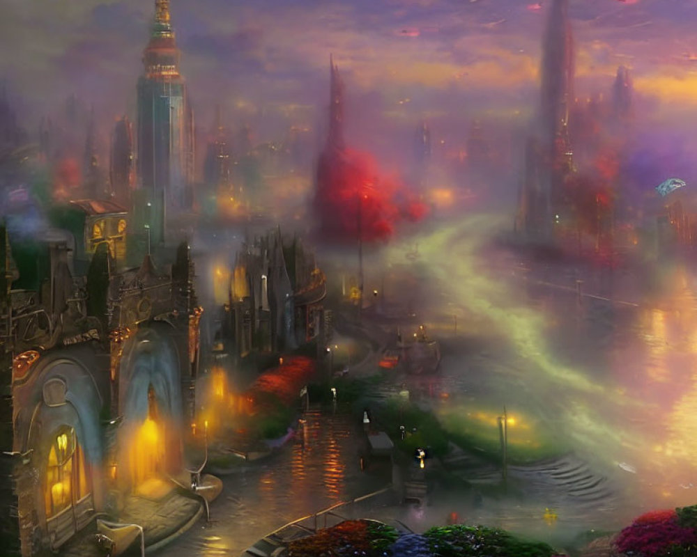 Fantasy cityscape at dusk with towering spires and vibrant flora