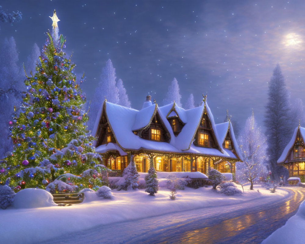 Snow-covered house with Christmas tree in winter scene