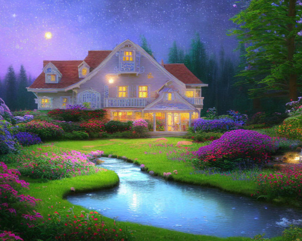Cozy cottage with colorful gardens and starry sky