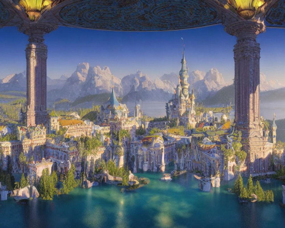 Majestic fantasy landscape with sprawling city, serene lake, snowy mountains, and ornate columns