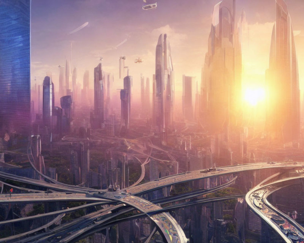 Futuristic cityscape with skyscrapers, highways, and flying vehicles at sunrise