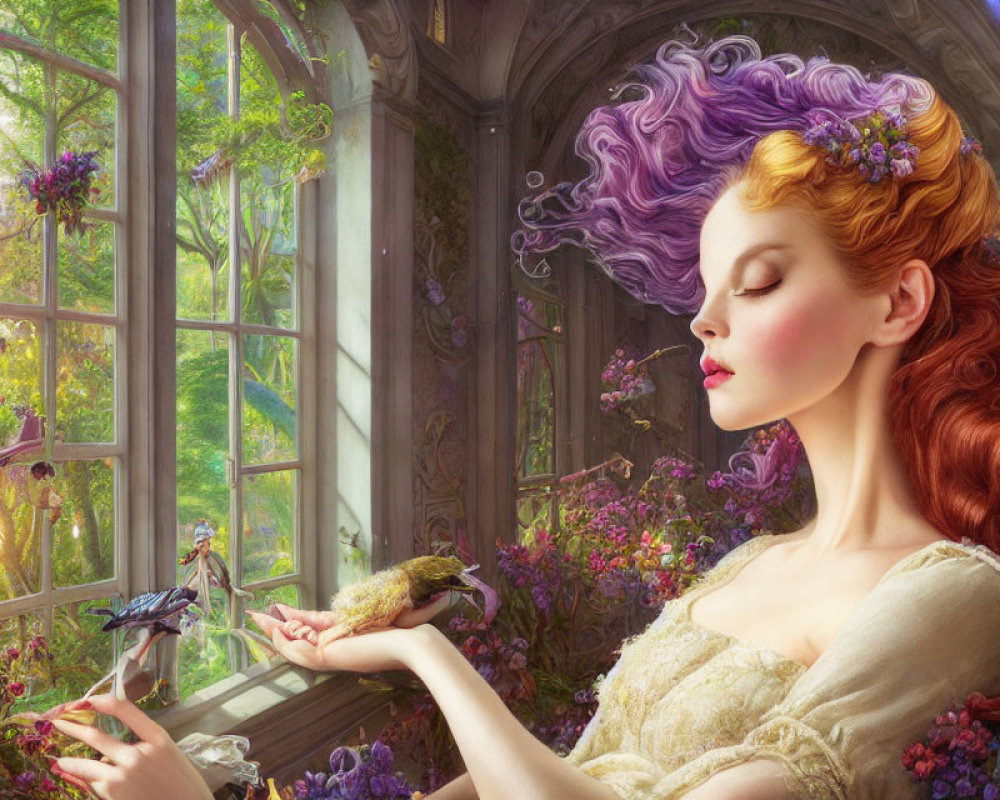 Red-haired woman with purple floral wreath gazes at bird by open window with fairy