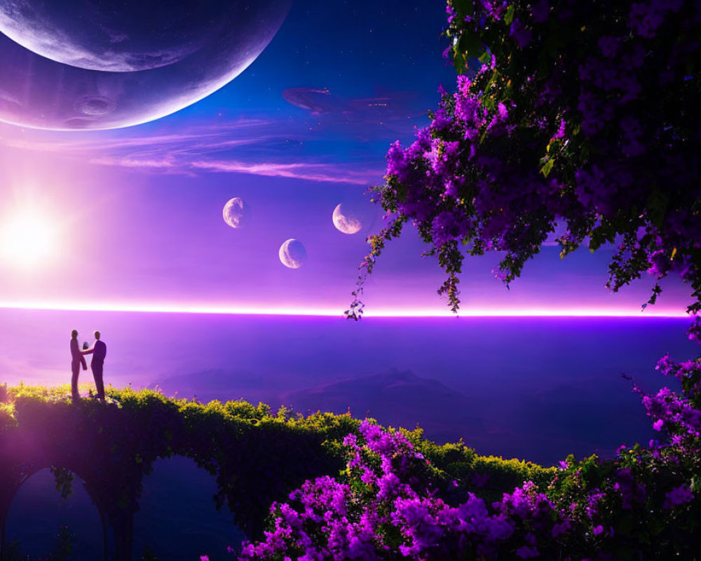 Couple admires surreal purple twilight sky with multiple moons and planets