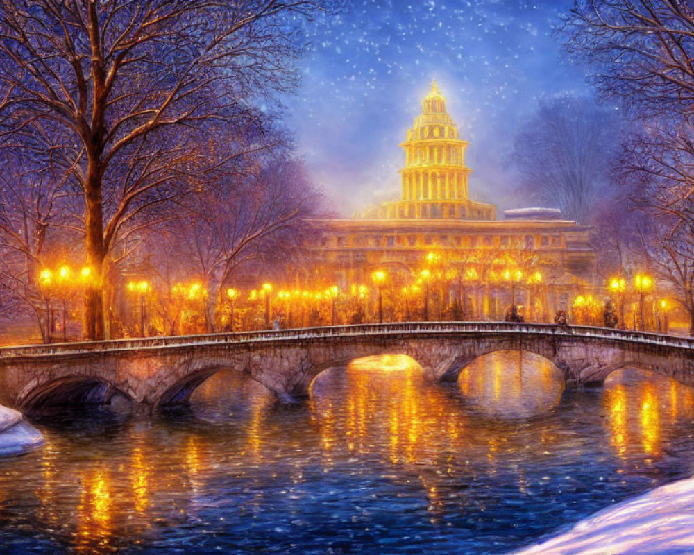 Snow-covered bridge and majestic building in picturesque winter scene