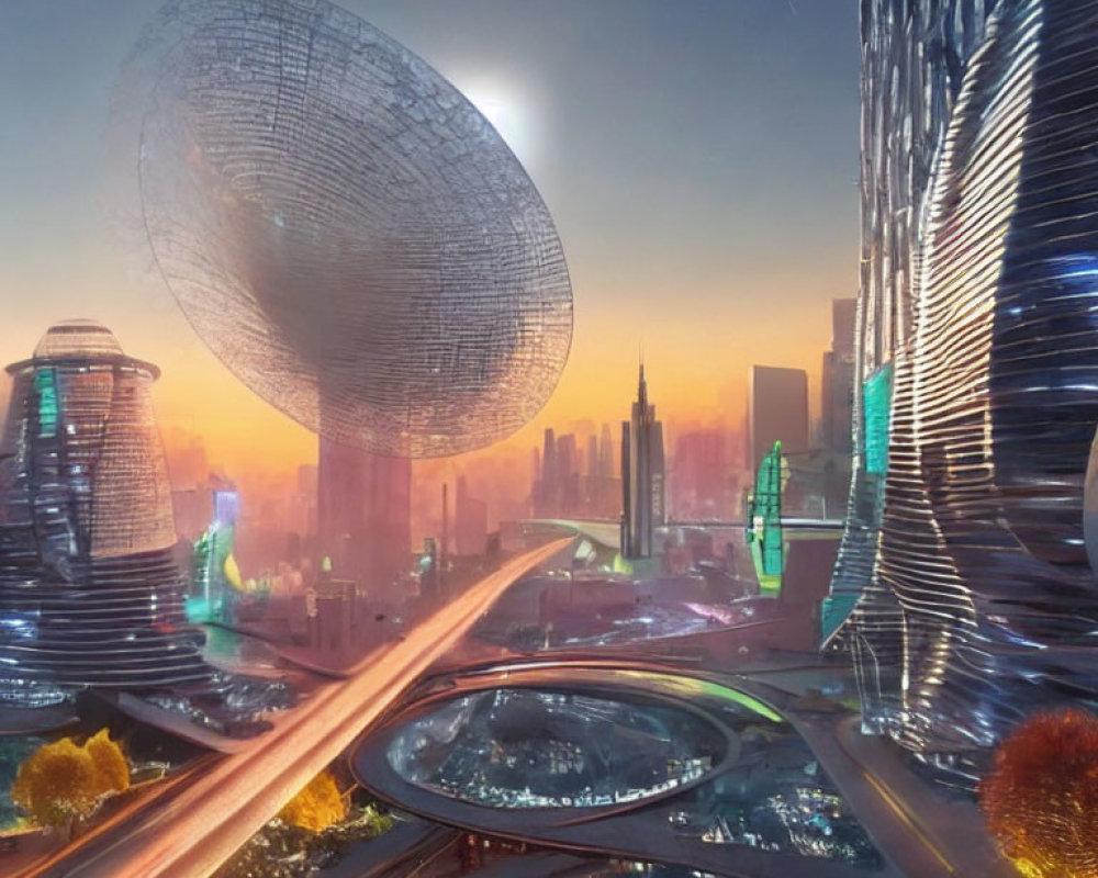 Advanced architecture in futuristic cityscape at dawn with ring-shaped structure and elevated roads.