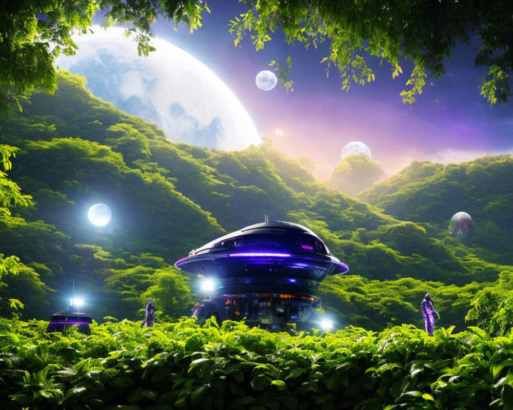 Futuristic spaceship in vibrant alien forest with oversized moons and glowing plants