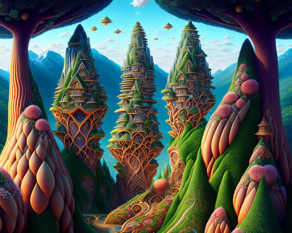Fantastical landscape with green hills, tree buildings, and golden pyramids