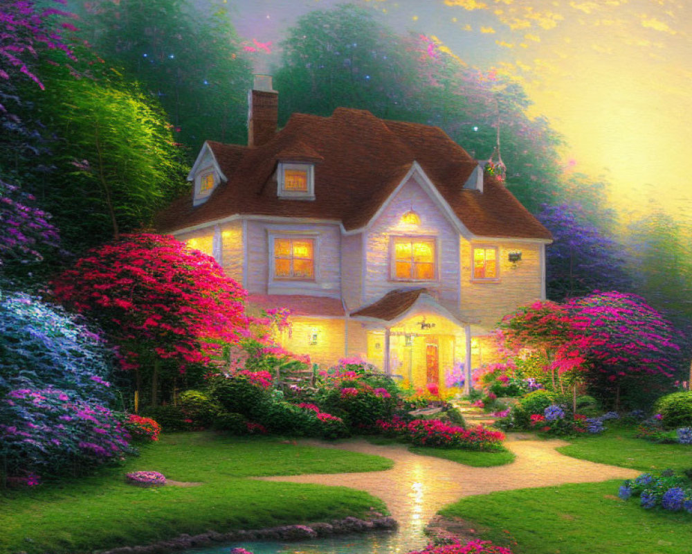 Cozy cottage surrounded by lush gardens and vibrant flowers at dusk