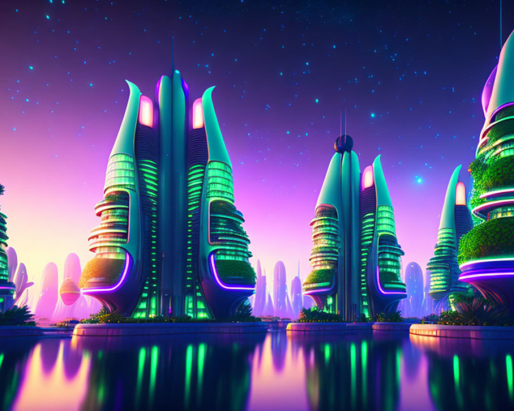 Neon-lit futuristic cityscape at twilight with sleek high-rise buildings