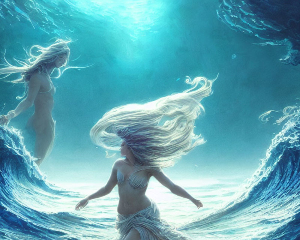 Ethereal figures with flowing hair swim in surreal underwater tunnel