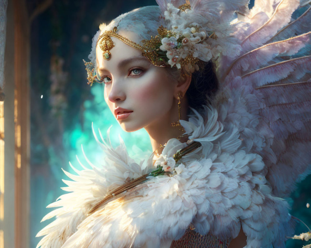 Ethereal portrait of a woman with angelic wings and ornate headdress