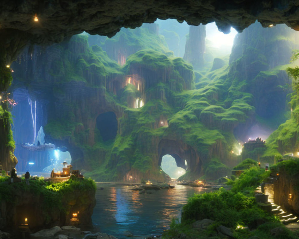 Mystical subterranean cave with lush greenery and glowing lanterns