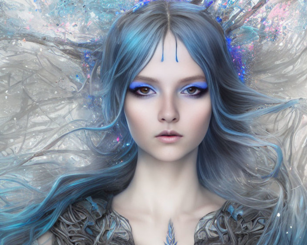 Fantasy image: Female figure with blue hair, crown of crystals, and luminous eyes