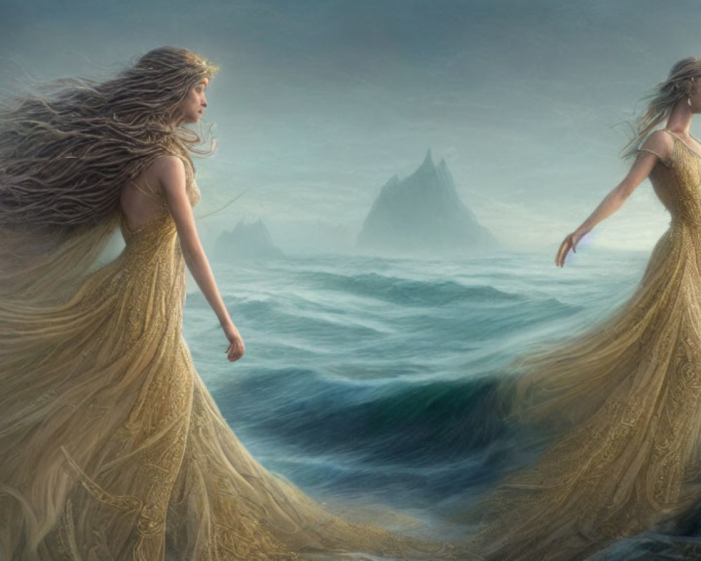 Ethereal women in golden gowns walking on ocean waves with misty mountains.