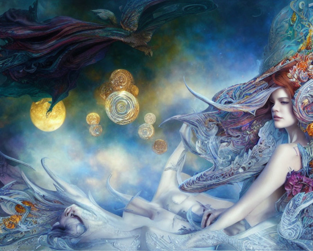 Fantastical artwork of woman in ornate attire against celestial backdrop