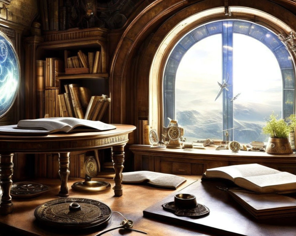 Vintage-style study with books, celestial globe, clock, and parchment by round window.
