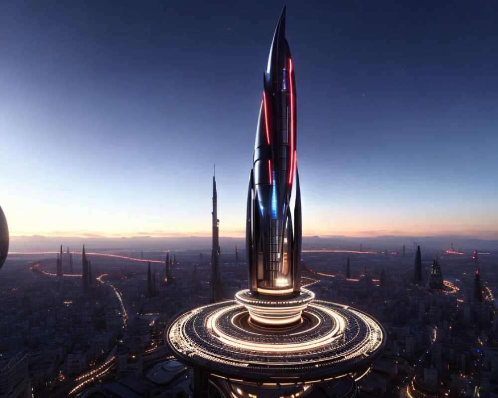 Futuristic skyscraper dominates cityscape at dusk