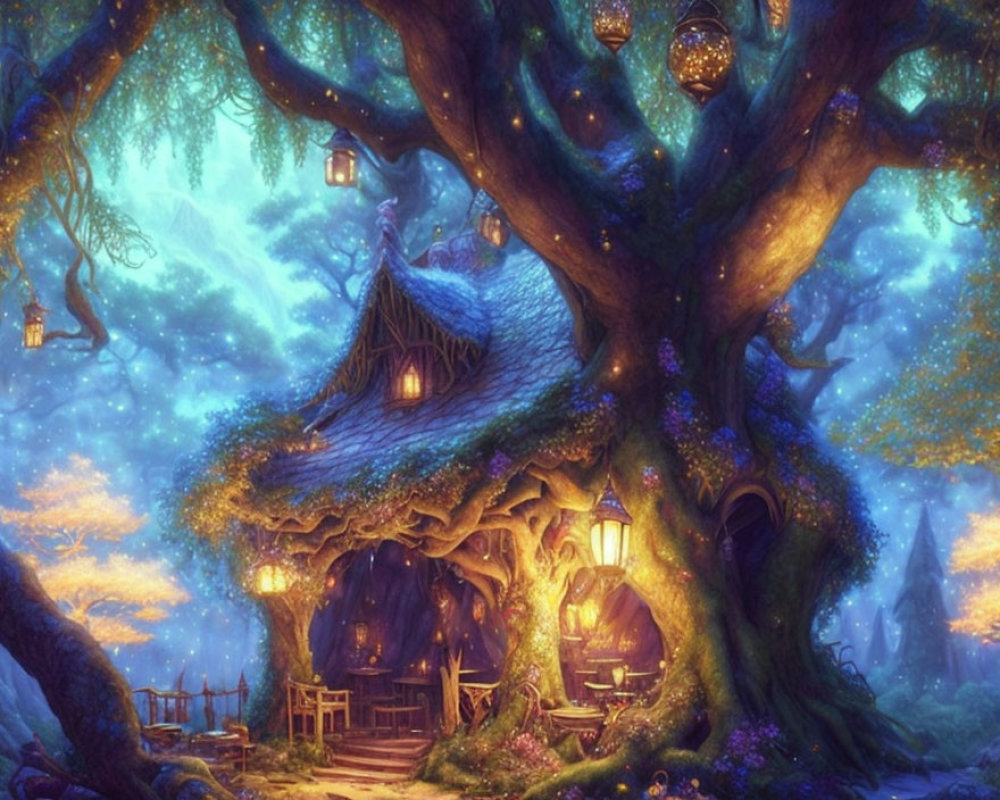 Enchanting treehouse in giant tree with magical forest backdrop