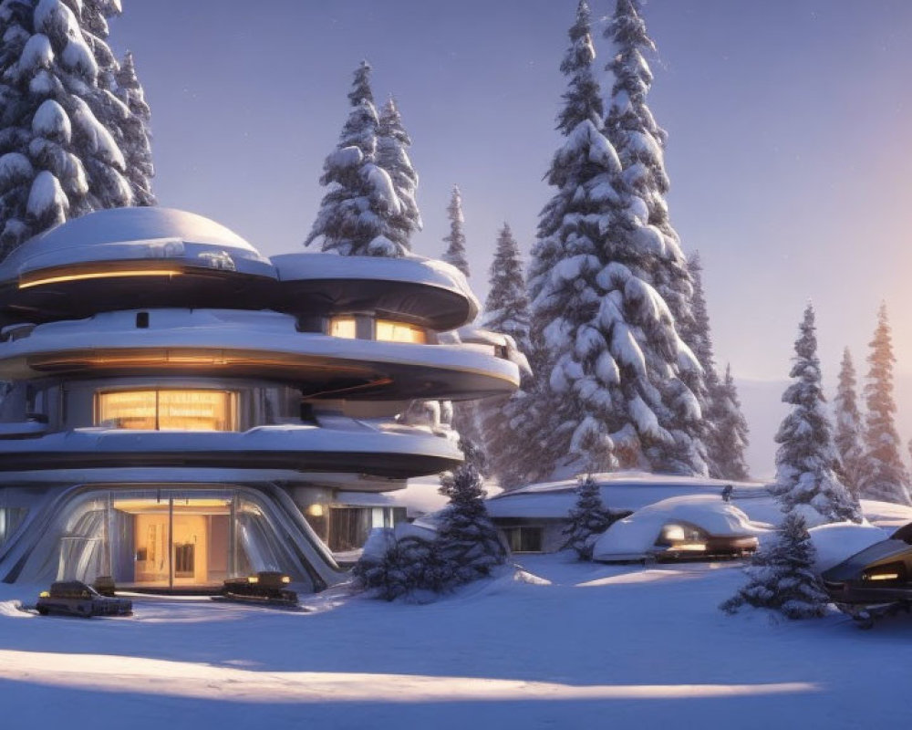 Futuristic multi-level house in snowy landscape with pine trees at sunrise or sunset