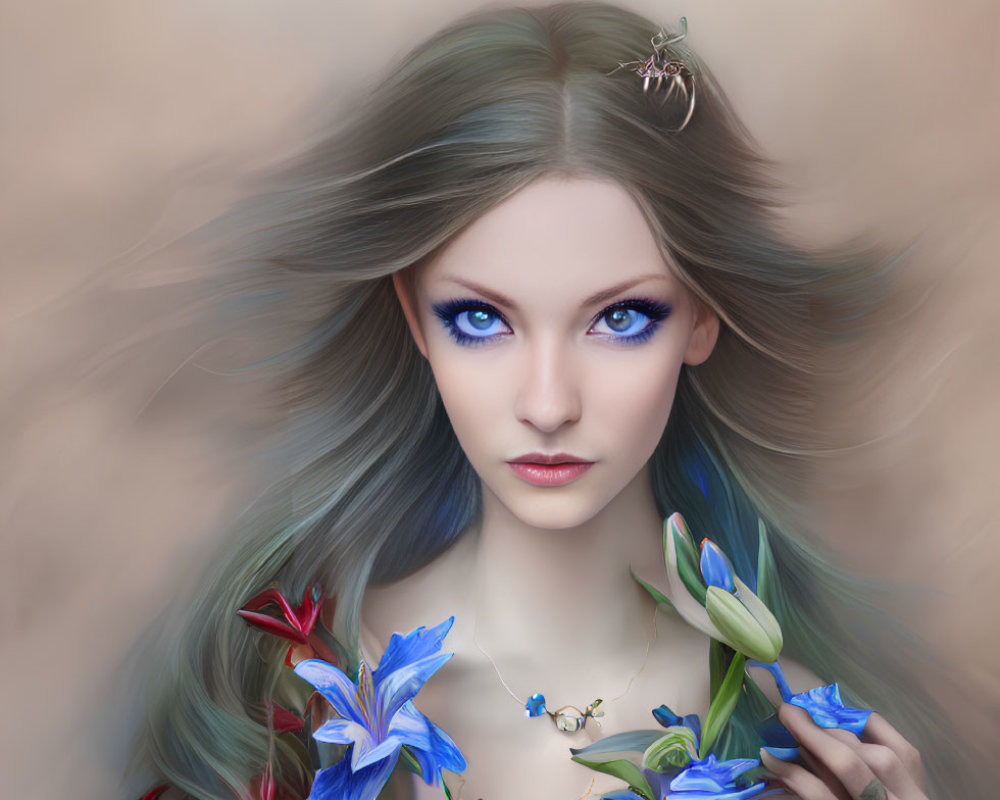 Digital artwork of female figure with blue eyes, green hair, holding blue flowers, and small creatures.
