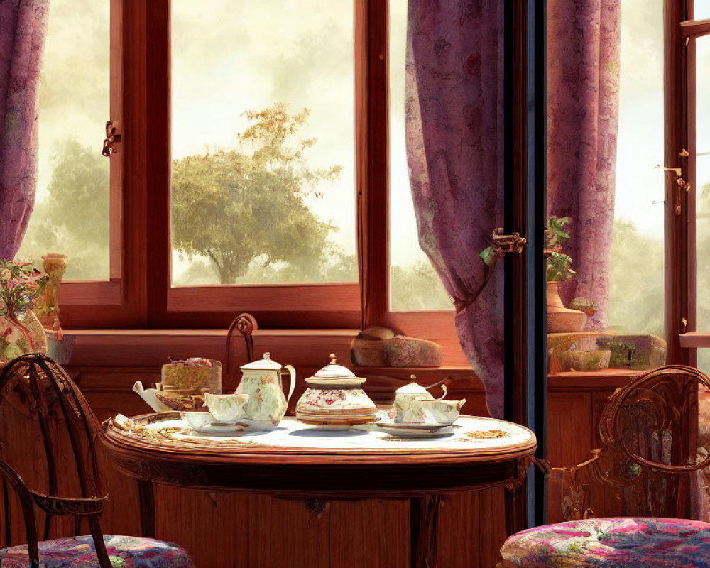 Vintage Room with Tea Set on Wooden Table and Purple Curtains