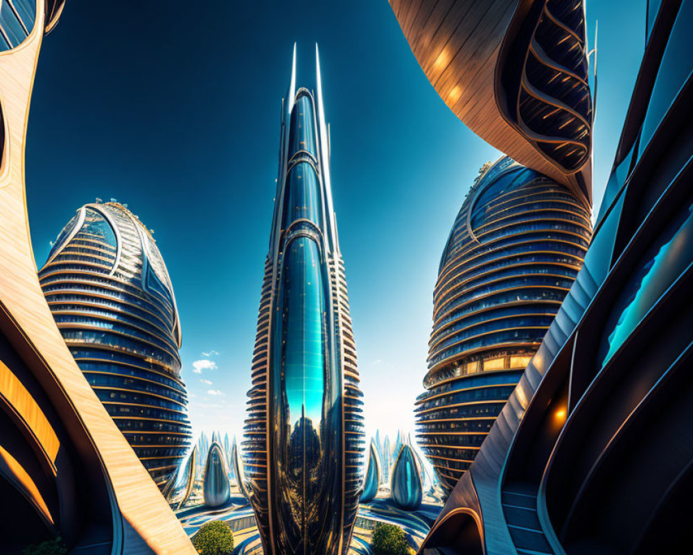 Futuristic Cityscape with Curving Skyscrapers at Dusk