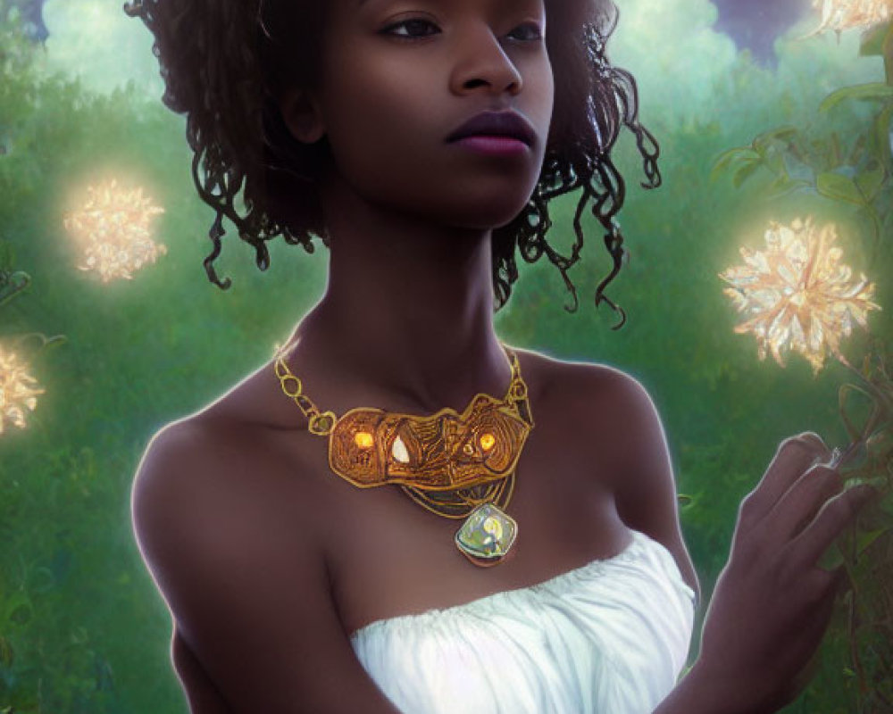 Digital artwork features woman with curly afro in white dress and gold necklace against starry night backdrop.