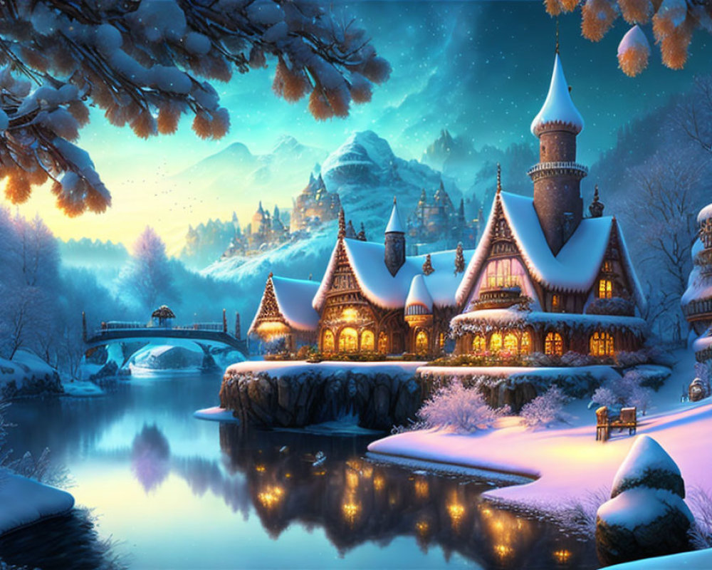 Snow-covered cottages, castle tower, stone bridge, river, starlit sky, snowy forest.