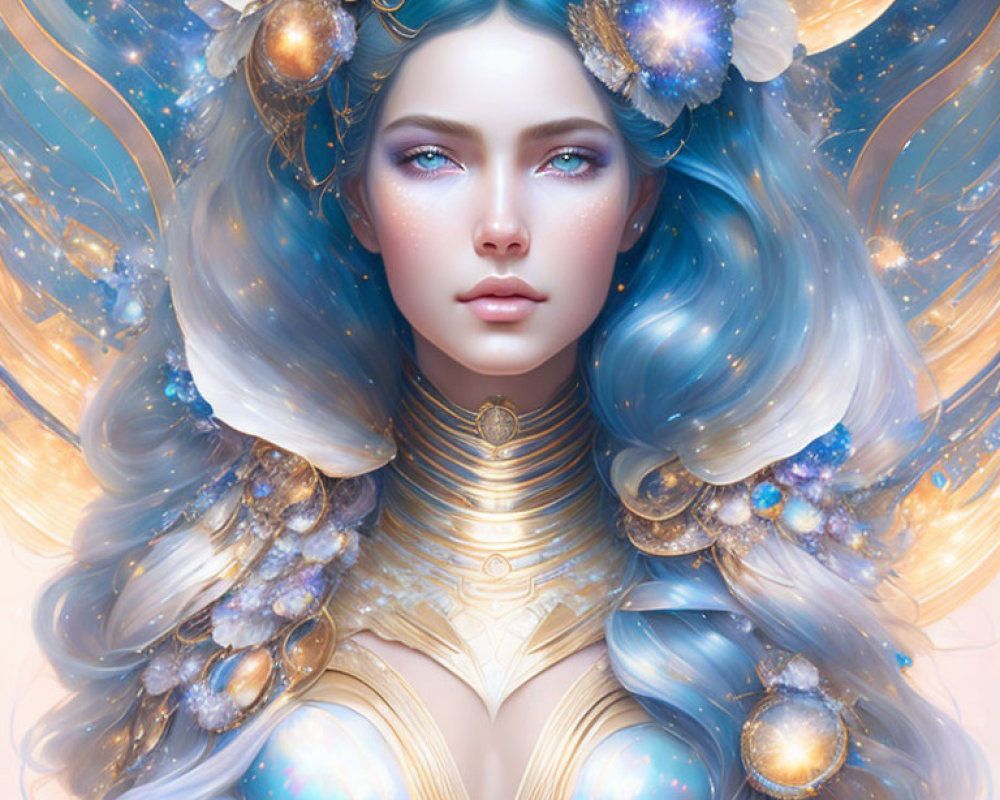 Woman with Blue Hair and Celestial Motifs: A Cosmic and Serene Portrayal