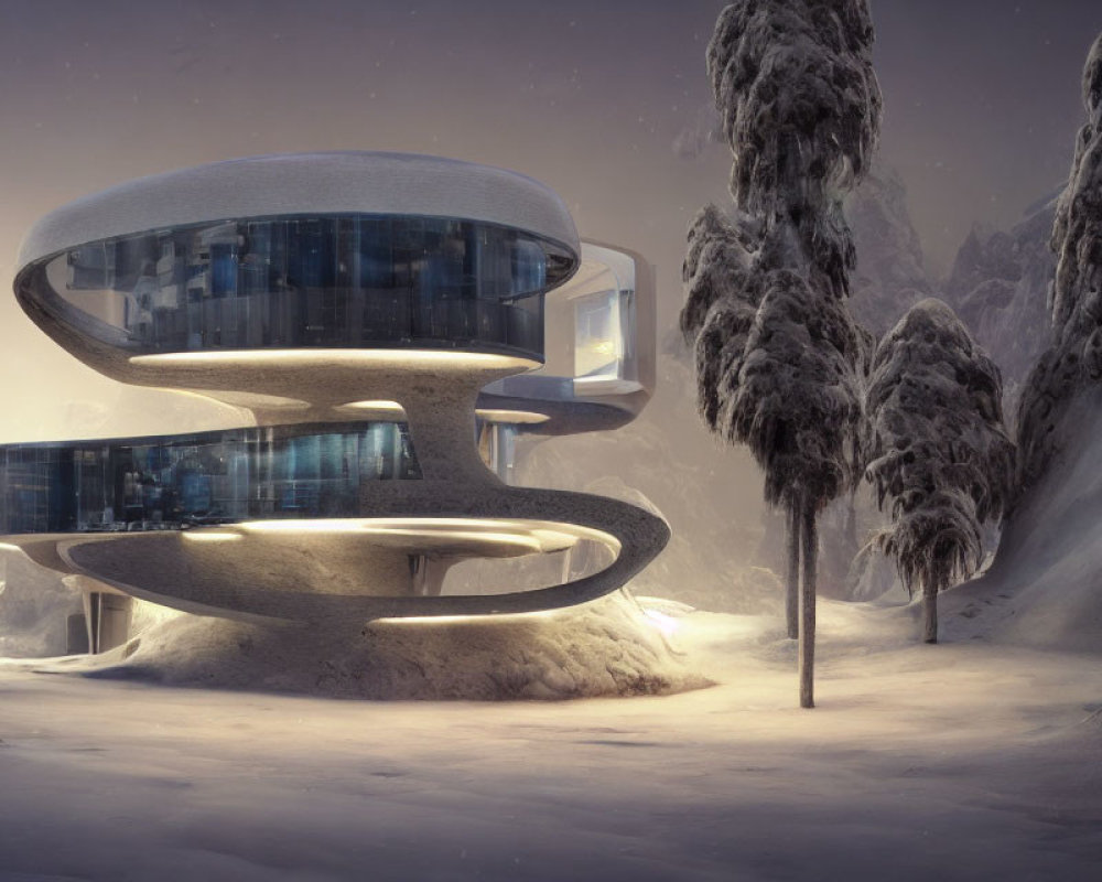 Curved futuristic building in snowy landscape with glowing light