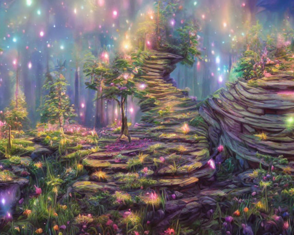 Enchanting forest with vibrant flowers, spiral rock, and gentle stream