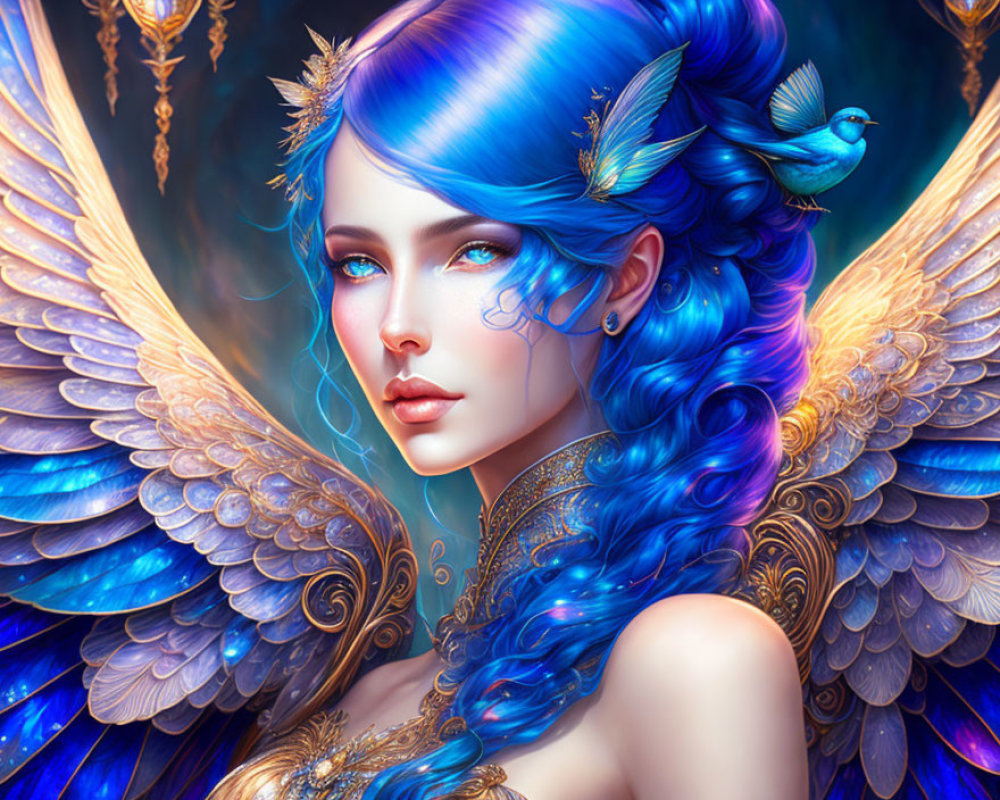 Vibrant blue hair woman with wings and bird in rich colors