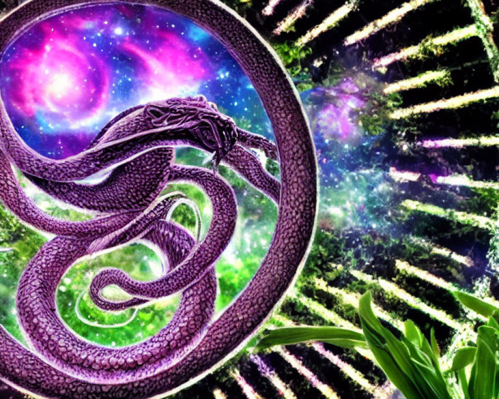 Purple snake in circular frame surrounded by lush greenery and cosmic background