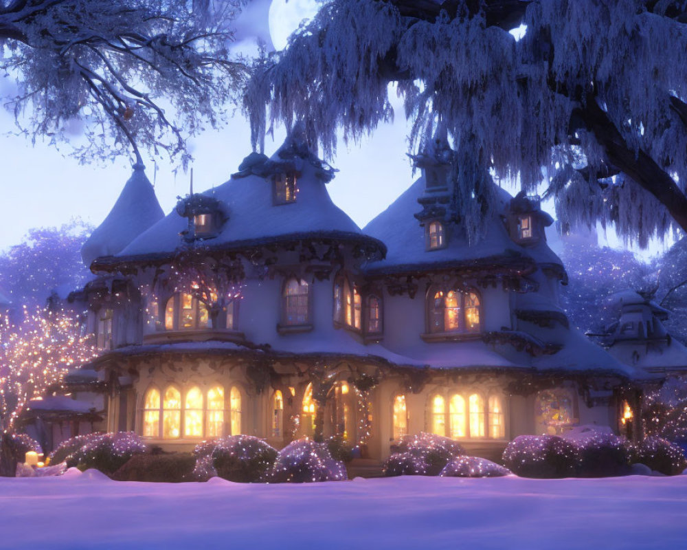 Snow-covered house with holiday lights in dusk sky