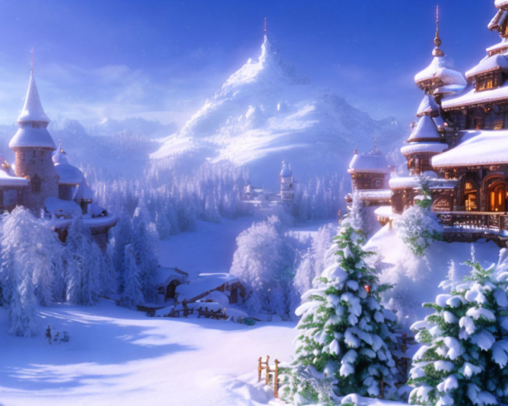 Snow-covered winter landscape with trees, buildings, and mountains under blue sky