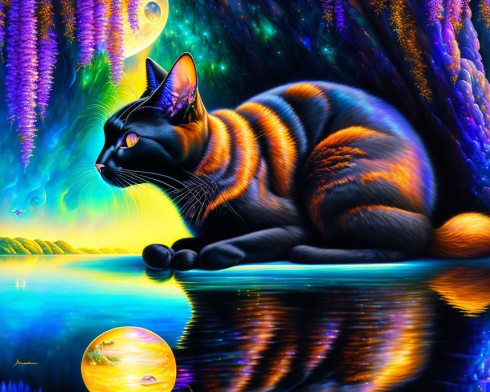 Colorful Artwork: Black Cat with Glowing Eyes by Reflective Water