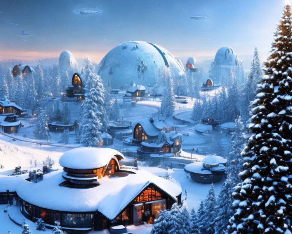 Snowy Winter Scene with Futuristic Domes and Traditional Cabins at Dusk
