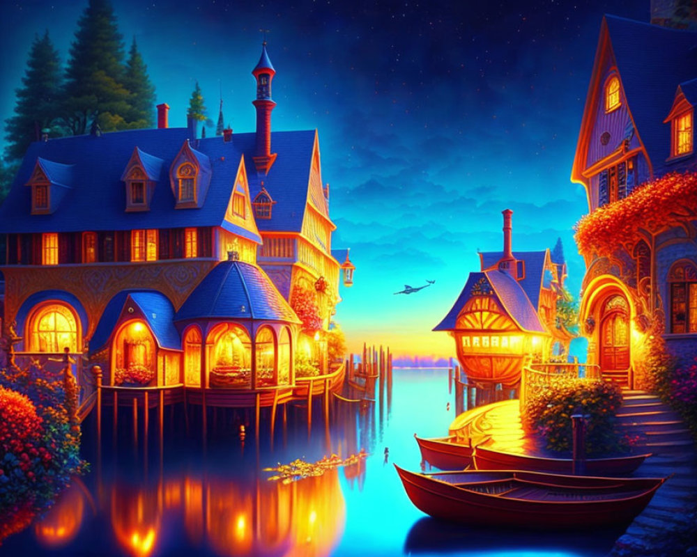 Illustrated vibrant night scene of whimsical village by calm river