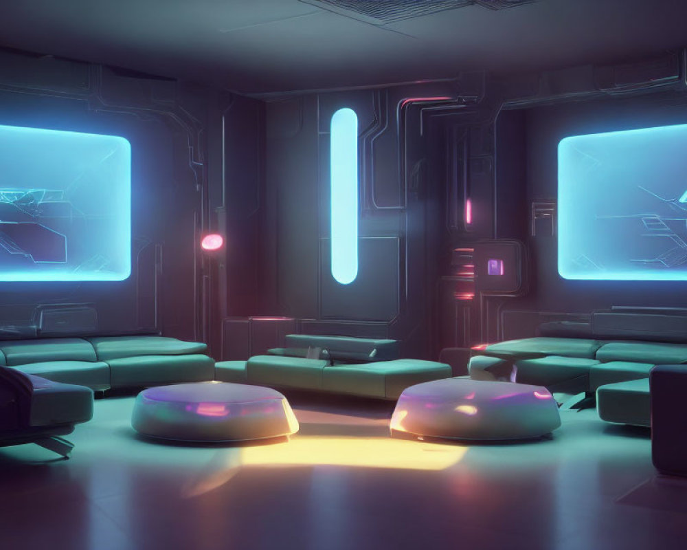 Futuristic interior with neon lights and holographic displays